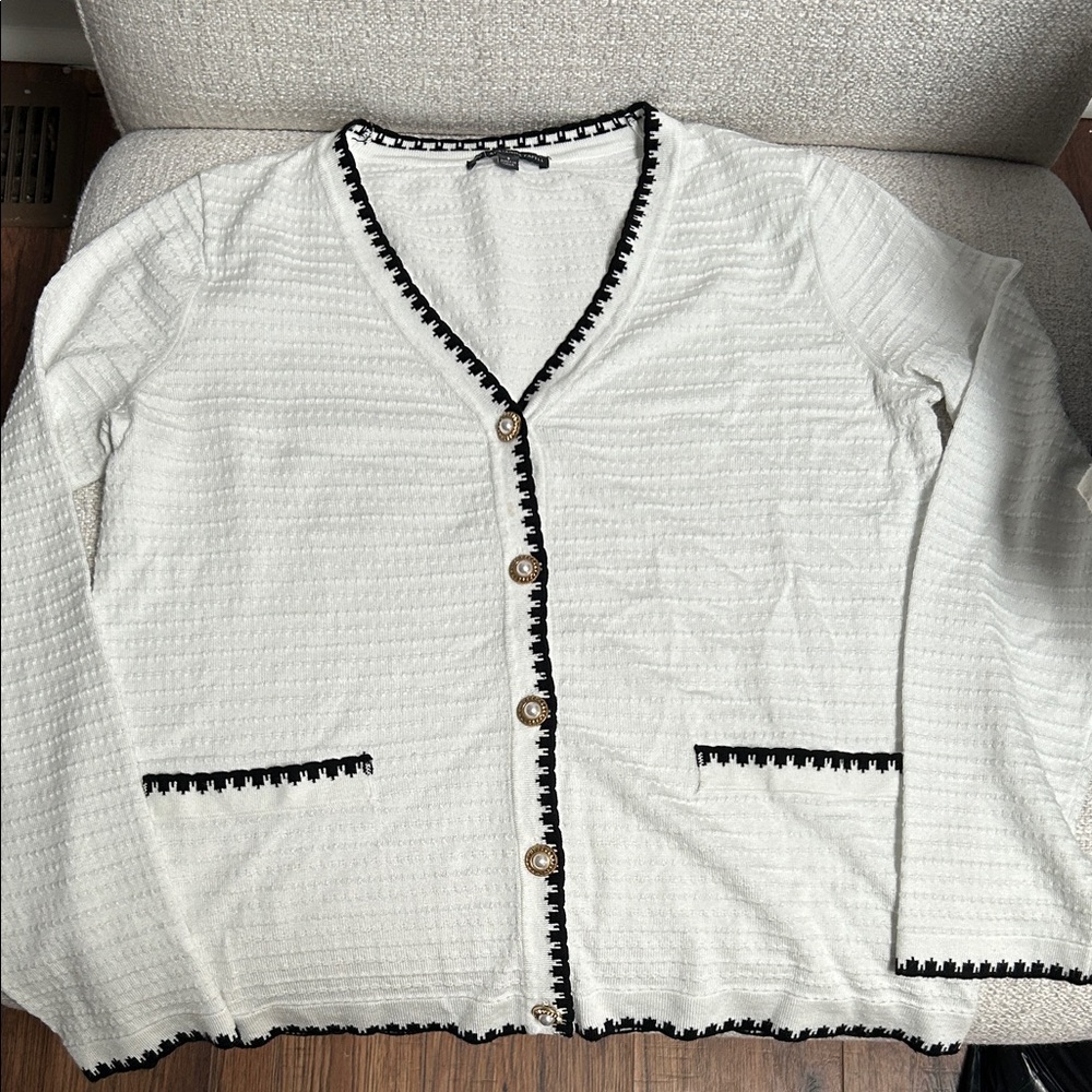 Adrianna Papell White V-Neck Button Cardigan with Black Trim